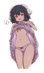 1girl :d animal_ears black_hair bow bow_panties breasts cachemerro carrot_necklace clothes_lift commentary cowboy_shot cropped_legs dress eighth_note inaba_tewi jewelry looking_at_viewer musical_note navel necklace open_mouth panties pink_dress pink_panties puffy_short_sleeves puffy_sleeves rabbit_ears red_bow red_eyes ribbon-trimmed_dress ribbon_trim short_hair short_sleeves simple_background small_breasts smile spoken_musical_note stomach striped_clothes striped_panties touhou underboob underwear white_background white_panties