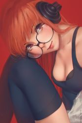 Rule 34 | 1girl, artist name, black-framed eyewear, black thighhighs, blunt bangs, breasts, cleavage, close-up, female focus, glasses, head on knee, head tilt, headphones, highres, lips, long hair, looking at viewer, looking over eyewear, medium breasts, miura-n315, off shoulder, orange hair, persona, persona 5, red background, red eyes, sakura futaba, simple background, sitting, solo, tank top, thighhighs, twitter username