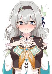 Rule 34 | black hairband, black jacket, blush, bridal gauntlets, closed mouth, collar, collared shirt, cropped jacket, ear blush, firefly (honkai: star rail), frilled collar, frilled shirt collar, frilled sleeves, frills, green pupils, grey hair, hair between eyes, hair intakes, hair ornament, hair ribbon, hairband, highres, honkai: star rail, honkai (series), index fingers together, jacket, long sleeves, medium hair, multicolored eyes, neckerchief, numi1296205, orange neckerchief, ribbon, shirt, simple background, single bridal gauntlet, two-tone eyes, wavy mouth, white background, white collar, white sleeves