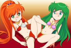 2girls :p :q armor ass ayanokouji_rem bare_shoulders barefoot bikini bikini_armor blush breasts cameltoe caron_(rall) commission commissioner_upload cream_lemon dream_hunter_rem fugetsu_taku green_eyes green_hair leaning_back leg_up legs long_hair looking_at_viewer multicolored_bikini multiple_girls navel orange_hair pink_bikini ponytail red_bikini sf_choujigen_densetsu_rall shoulder_armor side-tie_bikini_bottom sitting skeb_commission small_breasts smile spread_legs stomach swimsuit thighs tongue tongue_out trait_connection two-tone_bikini very_long_hair