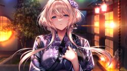 1girl amakano_3 aqua_eyes architecture blonde_hair blush breasts closed_mouth earrings east_asian_architecture floral_print flower hair_between_eyes hair_flower hair_ornament hand_on_own_chest huge_breasts japanese_clothes jewelry kimono lantern lens_flare long_hair looking_at_viewer night piromizu plant purple_kimono scarlet_ikaruga_wistaria sidelocks single_earring solo