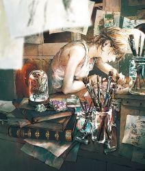 1boy bare_shoulders book brown_hair brush commentary_request crumpled_paper desk drawing indoors jar kobone_awaki light light_particles male_focus original paper short_hair sitting slice_of_life snow_globe solo tank_top