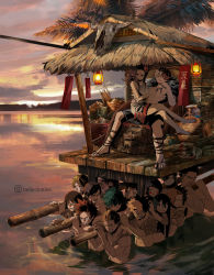 5girls 6+boys abs angry animal_skull aoyama_yuuga arm_tattoo ashido_mina asui_tsuyu bakugou_katsuki bare_shoulders barefoot basket black_eyes black_hair black_sclera blonde_hair blue_eyes boku_no_hero_academia brown_hair burn_scar chest_tattoo clenched_teeth clonion closed_mouth cloud cloudy_sky colored_sclera dress dusk flower grey_hair hair_between_eyes hair_flower hair_ornament hand_on_another&#039;s_chest hand_on_own_cheek hand_on_own_face hand_on_own_hip hetero heterochromia highres holding iida_tenya jewelry jiro_kyoka kaminari_denki kirishima_eijirou koda_koji long_hair mask midoriya_izuku mikoshi monster_girl multicolored_hair multiple_boys multiple_girls muscular muscular_male necklace no_nipples ojiro_mashirao one_eye_closed open_mouth partially_submerged pectorals pink_hair pole red_hair satou_rikidou scar sero_hanta shorts shouji_mezou shoulder_tattoo sidelocks sitting sitting_on_lap sitting_on_person sky spiked_hair standing standing_on_liquid sweatdrop tattoo teeth todoroki_shouto tooth_necklace topless_male tribal uraraka_ochako vase water white_dress white_hair yaoyorozu_momo yellow_eyes