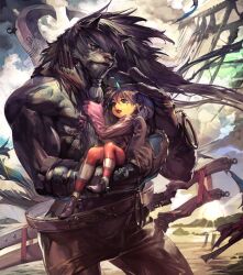 1boy 1girl bob_cut bow closed_mouth eiko_carol final_fantasy final_fantasy_ix gloves green_eyes hair_ornament highres horns madeen open_mouth pantyhose purple_hair short_hair single_horn smile so-taro sun weapon