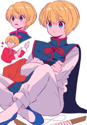 Rule 34 | 1boy, androgynous, blonde hair, blue eyes, blue tabard, collage, crossed arms, full body, highres, hunter x hunter, indian style, kurapika, long sleeves, male focus, sanamaru (sana79261827), short hair, simple background, sitting, solo, sword, tabard, weapon, white background, wooden sword