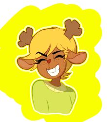 1girl antlers blonde_hair closed_eyes commentary_request cropped_torso december_holiday deer_antlers deer_girl deltarune design_speculation furry furry_female green_sweater highres horns nisidanokoneta short_hair smile solo sweater yellow_background