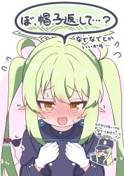 :d azumo_momo black_jacket blue_archive blush chibi chibi_inset commentary dated demon_tail ear_blush flying_sweatdrops gloves green_hair green_halo halo highres hikari_(blue_archive) jacket long_hair looking_at_viewer no_headwear nose_blush nozomi_(blue_archive) open_mouth orange_eyes pointy_ears simple_background smile solo_focus tail translated twintails waiting_for_headpat wavy_mouth white_gloves