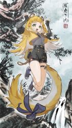 Rule 34 | 1girl, animal ears, black gloves, black shirt, black shorts, blonde hair, blue bow, blue shoes, bow, claw pose, cropped jacket, elbow gloves, fang, fingerless gloves, gloves, green eyes, highres, jacket, ju fufu, junnichi, looking at viewer, multicolored hair, o-ring, o-ring thigh strap, open mouth, shirt, shoes, shorts, skin fang, smile, socks, solo, tail, tail bow, tail ornament, thigh strap, tiger ears, tiger girl, tiger tail, two-tone hair, white hair, white socks, yellow jacket, zenless zone zero