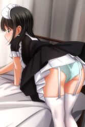 1girl absurdres aqua_panties ass bed bed_sheet black_dress black_hair brown_eyes closed_mouth curtains dress garter_straps highres indoors long_hair maid maid_headdress matsunaga_kouyou original panties short_sleeves sidelocks solo standing thighhighs underwear upskirt white_garter_straps white_thighhighs