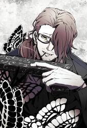 1boy absurdres bags_under_eyes black_butterfly black_suit brown_hair bug butterfly cigarette e.g.o_(project_moon) facial_hair formal_clothes glasses gloves gregor_(project_moon) gun hair_over_one_eye highres holding holding_gun holding_weapon insect limbus_company long_sleeves looking_down low_ponytail male_focus mry_46 one_eye_covered open_mouth ponytail project_moon shirt short_hair simple_background smoking solemn_lament_(e.g.o) solo stubble suit weapon white_butterfly white_gloves white_shirt