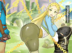 1boy 1girl 20s 9x2no18 absurdres arched_back arm_support ass belt bent_over black_gloves black_pants blonde_hair blue_sky blue_tunic braid breasts brown_gloves brown_pants bulge chain crown_braid day embroidery erection erection_under_clothes fingerless_gloves from_side gloves gold_trim grass green_eyes hair_ornament hairclip head_out_of_frame highres hill holding holding_tablet_pc huge_ass japanese_text large_breasts link long_hair long_sleeves looking_at_another looking_back magic mountain narrow_waist nintendo open_mouth outdoors pants pedestal pointy_ears princess princess_zelda sheikah_slate shiny_clothes short_hair sky speech_bubble stasis_(rune) tablet_pc talking the_legend_of_zelda the_legend_of_zelda:_breath_of_the_wild time_manipulation time_stop tunic very_long_hair white_tunic