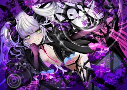 1girl absurdres areola_slip black_hands black_jacket black_panties blush boots breasts colored_extremities fate/grand_order fate_(series) green_eyes hand_up highres horns jacket kitsunebi44410 lilith_(fate) long_hair looking_at_viewer panties pubic_tattoo smile solo tattoo thigh_boots topless_female twintails underwear white_hair