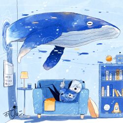 1other absurdres artist_name blue_jacket book bookshelf cellphone chair closed_eyes closed_mouth commentary cup cushion drinking_glass easy_chair fish flying_fish flying_whale globe gloves helmet highres holding holding_phone indoors jacket kazunoko_(kazunoko_zunoco) lamp lampshade looking_at_phone lying moon on_back on_chair original phone planetary_ring poster_(object) radio_antenna robot rocket_ship signature smartphone space_helmet spacecraft through_wall toy water whale white_gloves