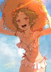 1girl ahoge artist_name bare_arms bare_shoulders bikini bikini_skirt blue_sky blush breasts cloud cloudy_sky commentary_request cowboy_shot dated elf flower front-tie_bikini_top front-tie_top green_hair hair_flower hair_ornament hand_on_headwear hat highleg highleg_bikini highres kiyo_(a_sam_ko) layered_bikini light_rays long_pointy_ears looking_at_viewer mushoku_tensei navel open_mouth pink_bikini pointy_ears red_eyes short_hair side-tie_bikini_bottom sidelighting sky small_breasts smile solo standing straw_hat sun_hat sunbeam sunlight swimsuit sylphiette_(mushoku_tensei) white_bikini yellow_flower