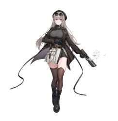 1girl alpha_transparency belt beret black_belt black_boots black_gloves black_hat black_jacket black_shirt blinking blue_eyes boots breasts chain commentary counter:side eyewear_on_head full_body gloves grey_hair gun handgun handgun_cartridge hat high_heel_boots high_heels highres holding holding_gun holding_magazine_(weapon) holding_weapon integral_suppressor integrally-suppressed_firearm jacket jewelry lace-up_boots lapels lock long_hair long_sleeves looking_at_viewer magazine_(weapon) maxim_9 necklace official_art open_clothes open_jacket padlock pistol round_eyewear seo_yoon shirt short_shorts shorts simple_background smoke solo sunglasses suppressor tachi-e thighhighs transparent_background weapon