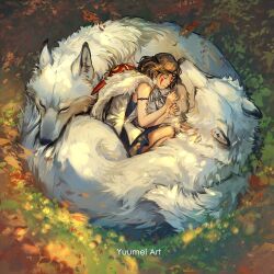 1girl animal armlet artist_name bare_arms blue_skirt brown_hair cape circlet closed_eyes closed_mouth commentary earrings english_commentary facepaint from_above fur_cape jewelry leaf medium_hair mononoke_hime moro_no_ichizoku necklace outdoors oversized_animal san_(mononoke_hime) skirt sleeping solo tooth_necklace white_wolf wolf yuumei