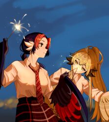 2girls absurdres animal_ears bird_ears black_eyes black_feathers black_hair blonde_hair claws commentary english_commentary feathers fireworks harpy high_ponytail highres holding holding_fireworks long_hair low_ponytail monster_girl multiple_girls necktie original plaid_clothes plaid_skirt ponytail red_feathers red_hair red_necktie shirt skirt smile solo sparkler star-shaped_pupils star_(symbol) symbol-shaped_pupils two-tone_wings twot-one_hair unreal_fish white_shirt winged_arms wings yellow_eyes yellow_feathers yellow_wings