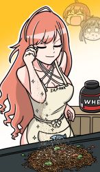 3girls ahoge apron arisugawa_natsuha bare_arms bare_shoulders breasts closed_eyes commentary_request cooking gradient_background highres idolmaster idolmaster_shiny_colors komiya_kaho large_breasts long_hair meme multiple_girls open_mouth orange_hair parody powder salt_bae_(meme) sonoda_chiyoko sparkle sprinkling sweatdrop tsunamayo very_long_hair yakisoba