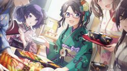 bento blue_eyes bow bowl food game_cg glasses highres holding idolmaster idolmaster_shiny_colors idolmaster_shiny_colors_song_for_prism japanese_clothes kimono mitsumine_yuika nail_polish official_art open_mouth plate purple_eyes purple_hair sash shirase_sakuya steam tanaka_mamimi tsukioka_kogane twintails