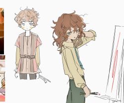 1boy androgynous arm_up blue_eyes blue_necktie brown_hair canvas_(object) easel edgar_valden holding holding_paintbrush identity_v long_hair long_sleeves messy_hair necktie paintbrush painting_(action) scratching_head shirt short_hair sleepy trap ttptg6 wavy_hair white_shirt