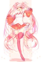 1girl :d absurdres boots breasts collared_shirt commentary_request detached_sleeves flower full_body hair_between_eyes hair_flower hair_ornament hatsune_miku headset highres leg_up long_hair long_sleeves miku_day motsuni_(lxxe1120) necktie open_mouth pink_flower pink_hair pink_necktie pink_shoes pink_skirt pink_sleeves pleated_skirt red_eyes sakura_miku shirt shoes skirt sleeveless sleeveless_shirt smile solo thigh_boots tie_clip tongue twintails very_long_hair vocaloid white_shirt