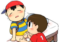 animal_crossing ass bad_tag black_hair blonde_hair blush brown_hair child cum elementary_schoolboy fellatio groin hat hiding kasugai_(de-tteiu) legs lucas_(mother_3) male mother_(series) mother_2 mother_3 multiple_boys ness_(mother_2) nintendo oral penis shota sitting super_smash_bros. sweatdrop tears testicles villager_(animal_crossing) yaoi