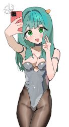 1girl :d absurdres aqua_hair arm_strap breasts brown_pantyhose cellphone choker cone_horns green_eyes grey_choker grey_leotard highleg highleg_leotard highres holding holding_phone horns leotard long_hair nahia_(some1else45) open_mouth original pantyhose phone selfie simple_background small_breasts smartphone smile solo some1else45 v white_background