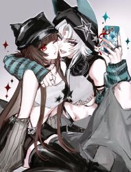 2girls alternate_costume animal_ears aqua_eyes arm_around_neck arm_warmers belt black_belt black_choker black_hat black_shorts black_thighhighs blue_hair blue_nails breasts brown_hair cat_ears cellphone charm_(object) choker collarbone colored_inner_hair fang feixiao_(honkai:_star_rail) fingernails forehead_jewel fox_ears fox_girl gradient_background grey_background grey_pants grey_socks hair_between_eyes hand_up hat hat_with_ears headphones headphones_around_neck highres hime_cut holding holding_phone honkai:_star_rail honkai_(series) hood jewelry lingsha_(honkai:_star_rail) long_hair looking_at_another looking_at_viewer medium_breasts midriff multicolored_hair multiple_girls multiple_rings nail_polish navel one_eye_closed open_mouth pants parted_bangs phone red_eyes red_ribbon ribbon ring short_shorts shorts sidelocks simple_background sitting smartphone smile socks sparkle star_(symbol) star_ornament star_print tank_top tassel teeth thighhighs visor_cap white_background white_hair white_tank_top yziyiling