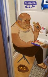 Rule 34 | 1boy, absurdres, bare shoulders, bathroom, closed mouth, crossed legs, electric toothbrush, english text, fat, fat man, faucet, grey hair, highres, holding, holding magazine, holo tape, indoors, magazine (object), male focus, money, obese, on stool, open door, original, photo background, shirt, sink, sitting, sleeveless, sleeveless shirt, slippers, soap, solo, toothbrush, toothpaste, ugly bastard, white shirt
