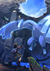 1990s_(style) 1boy aipom backpack bag baseball_cap creatures_(company) dated ethan_(pokemon) game_freak gen_2_pokemon hat legendary_pokemon lugia nintendo pokemon pokemon_(creature) pokemon_gsc randoseru retro_artstyle sanjou_sorata watermark web_address