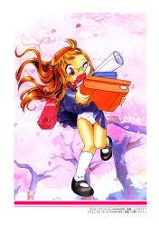 00s 1girl 2004 2005 april backpack bag black_shoes blue_jacket blue_skirt blush box brown_hair cherry_blossoms dated glasses hairband highres holding holding_box hoshino_fuuta jacket loli long_hair long_sleeves looking_down mary_janes neck_ribbon open_mouth panties petals randoseru red_eyes red_ribbon ribbon school_uniform shirt shoes skirt sky socks standing standing_on_one_leg surprised tree underwear white_panties white_shirt white_socks wind wind_lift