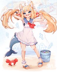 Rule 34 | ahoge, animal ear fluff, animal ears, blonde hair, blue eyes, blue hair, bucket, crab, fang, fins, fish tail, hair ornament, highres, indie virtual youtuber, ma draws, multicolored hair, sameko saba, sandals, seashell, shell, skin fang, streaked hair, tail, virtual youtuber
