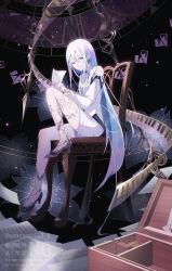 1girl bare_shoulders black_nails blue_eyes blue_hair body_jewelry chair clothing_cutout detached_sleeves dress earrings full_body gradient_hair hair_between_eyes high_heels highres holding holding_paper jewelry kitten_heels knee_up long_hair long_sleeves looking_at_viewer multicolored_hair music_box open_mouth paper piano_keys piano_print pink_hair project_sekai sheet_music shorts shoulder_cutout sitting solo triangle_earrings umemori_mai very_long_hair white_dress white_hair white_shorts yoisaki_kanade