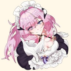 1girl apron black_dress blue_eyes breasts cleavage commentary_request dress elbow_gloves elysia_(honkai_impact) elysia_(miss_pink)_(honkai_impact) elysia_(miss_pink_elf)_(honkai_impact) fake_horns from_above gloves highres honkai_(series) honkai_impact_3rd horns large_breasts long_hair looking_at_viewer maid maid_apron official_alternate_costume pink_hair reaching reaching_towards_viewer simple_background smile solo vvernerluniq white_apron white_background white_gloves
