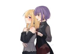 2girls absurdres amoris_(bang_dream!) bang_dream! bang_dream!_it&#039;s_mygo!!!!! bare_shoulders black_dress blonde_hair blush collared_shirt commentary_request doloris_(bang_dream!) dress earrings hand_on_another&#039;s_waist highres jewelry kaeru_(kaeee41917105) medium_hair misumi_uika multiple_girls necklace parted_lips pink_eyes purple_eyes purple_hair red_brooch red_shorts see-through_clothes shirt short_hair shorts simple_background smile sweatdrop white_background yuri yuutenji_nyamu