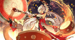 1girl aerial_fireworks architecture armpits blue_eyes breasts commentary dress drum east_asian_architecture fireworks highres honkai_(series) honkai_impact_3rd inixixi instrument kiana_kaslana kiana_kaslana_(ba-dum!_fiery_wishing_star) lantern large_breasts long_hair night night_sky open_mouth outdoors paper_lantern ponytail rice_cake_(honkai_impact) sky sky_lantern smile very_long_hair white_dress
