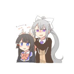 2girls :d black_hair black_jacket blazer blush_stickers bow brown_cardigan cardigan chibi collared_shirt cropped_torso grey_hair hair_between_eyes hair_bow hair_ornament hairclip higuchi_kaede higuchi_kaede_(1st_costume) jacket long_hair multiple_girls necktie nijisanji open_clothes open_jacket open_mouth pink_bow ponytail purple_necktie rebecca_(keinelove) shirt simple_background smile translation_request tsukino_mito tsukino_mito_(1st_costume) upper_body v-shaped_eyebrows very_long_hair virtual_youtuber white_background white_bow white_shirt