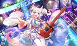 Rule 34 | 1girl, :d, ahoge, animal ear fluff, animal ears, artist request, bell, blue eyes, blue neckerchief, bow, detached sleeves, electric guitar, foreshortening, fox ears, fox girl, fox tail, frilled skirt, frills, from below, guitar, hair bell, hair bow, hair ornament, holding, holding guitar, holding instrument, howan (show by rock!!), instrument, leg up, lens flare, looking at viewer, musical note, neckerchief, night, night sky, official art, open mouth, outstretched arm, pink hair, planet, red nails, sailor collar, sandals, scaffolding, shirt, short hair, show by rock!!, side ponytail, skirt, sky, sleeveless, sleeveless shirt, smile, solo, sparkle, speaker, stage, star (sky), starry sky, tail, thighhighs, third-party source, v, white shirt, white skirt, white thighhighs