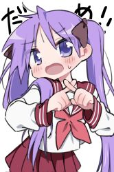 Rule 34 | 1girl, black bow, blue eyes, blush, bow, fuyunta27, highres, hiiragi kagami, long hair, lucky star, neckerchief, open mouth, pink neckerchief, pleated skirt, purple hair, red sailor collar, red skirt, ryouou school uniform, sailor collar, school uniform, shirt, skirt, sweat, twintails, white background, white shirt, x fingers