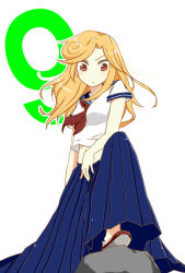 Rule 34 | 1girl, aged down, b (kana0816), blonde hair, brown eyes, delinquent, female focus, kami nomi zo shiru sekai, katsuragi mari, long hair, long skirt, midriff, orange hair, pale skin, red eyes, rock, school uniform, serafuku, shoes, skirt, solo