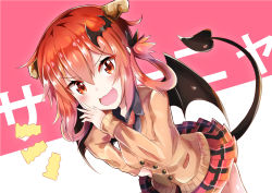 Rule 34 | &gt;:3, &gt;:d, 10s, 1girl, :3, :d, bat hair ornament, cardigan, d:, demon girl, demon horns, demon tail, demon wings, fang, female focus, gabriel dropout, hair ornament, hair rings, highres, horns, long hair, looking at viewer, miniskirt, ojou-sama pose, open mouth, plaid clothes, plaid skirt, pleated skirt, red hair, satanichia kurumizawa mcdowell, school uniform, skirt, smile, solo, sylphine, tail, v-shaped eyebrows, wings