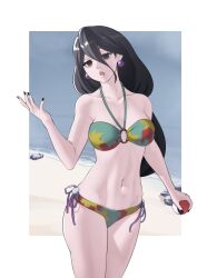 1girl absurdres bare_arms bare_shoulders beach bikini black_eyes black_hair black_nails breasts collarbone cosplay earrings hair_between_eyes hex_maniac_(pokemon) hex_maniac_(pokemon_legends:_z-a) highres holding holding_poke_ball jewelry long_hair looking_at_viewer medium_breasts multicolored_bikini nail_polish navel nintendo o-ring o-ring_bikini ocean open_mouth outdoors poke_ball pokemon pokemon_legends:_z-a pokemon_swsh pomelomelon rock solo standing stomach swimmer_(pokemon) swimmer_(pokemon)_(cosplay) swimsuit thighs very_long_hair