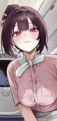 1girl absurdres airplane_interior blush breasts brown_hair closed_mouth collared_shirt commentary flight_attendant hair_ornament high_ponytail highres jururu long_hair looking_at_viewer medium_breasts multicolored_hair ori_(0rizuru) pink_shirt ponytail purple_eyes purple_hair shirt shirt_tucked_in short_sleeves skirt smile solo streaked_hair travel_attendant virtual_youtuber waktaverse white_skirt