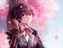 10s 1boy adjusting_hair armor bad_id bad_pixiv_id black_hair blue_eyes cherry_blossoms horikawa_kunihiro japanese_armor kote looking_at_viewer male_focus nianbingzi ribbon smile solo touken_ranbu tree