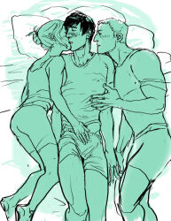 Rule 34 | 1girl, 2boys, annie leonhart, bed, bertolt hoover, cuddlingthecthulu, group sex, kiss, mmf threesome, multiple boys, reiner braun, shingeki no kyojin, shorts, threesome