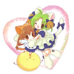 2girls :&lt; ahoge animal_hat apron bell blue_dress bow brown_eyes brown_hair cat_day cat_hat cat_tail dated dejiko di_gi_charat dress edamame_(edame025) gema green_hair hair_bell hair_ornament hat mittens multiple_girls one_eye_closed open_mouth puchiko signature tail tail_bow tail_ornament white_apron white_mittens