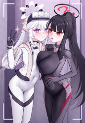 2girls absurdres asymmetrical_docking black_bodysuit black_hair blue_archive blush bodysuit breast_press breasts cleavage covered_navel halo headgear highres himari_(blue_archive) hrnt impossible_bodysuit impossible_clothes jacket large_breasts long_hair mole mole_under_eye multiple_girls pointy_ears ponytail purple_eyes red_eyes rio_(blue_archive) rio_(bodysuit)_(blue_archive) skin_tight smile sparkle sweatdrop taking_picture v white_bodysuit white_hair
