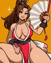 1girl :d akairiot alt_text bare_shoulders breasts brown_eyes brown_hair cleavage commentary english_commentary fatal_fury folding_fan hand_fan hand_guard hand_on_own_thigh high_ponytail highres holding japanese_clothes large_breasts long_hair looking_at_viewer ninja no_bra open_mouth pelvic_curtain ponytail revealing_clothes shiranui_mai smile solo teeth the_king_of_fighters thick_thighs thighs upper_teeth_only victory_pose