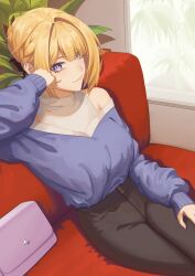 1girl absurdres bag bare_shoulders blonde_hair braid braided_bun breasts couch evelyn_chevalier hair_bun hand_on_own_thigh handbag high-waist_pants highres large_breasts long_sleeves looking_at_viewer mizumi_yukishiro off-shoulder_sweater off_shoulder on_couch pants plant purple_eyes sitting sleeveless sleeveless_turtleneck smile solo spider_plant sweater turtleneck window zenless_zone_zero
