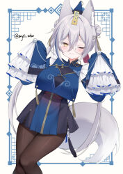 1girl ;q animal_ear_fluff animal_ears blue_hat blue_shirt blue_skirt blush breasts brown_eyes brown_pantyhose commentary_request crop_top crop_top_overhang double_bun feet_out_of_frame glasses grey_hair hair_between_eyes hair_bun hands_up hat kemomimi_refle! large_breasts long_hair long_sleeves looking_at_viewer mini_hat one_eye_closed pantyhose ronomiya_hinagiku round_eyewear shirt skirt sleeves_past_fingers sleeves_past_wrists solo tail tongue tongue_out twitter_username usagimiko very_long_hair virtual_youtuber wide_sleeves
